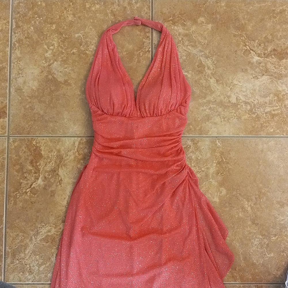 Betsy & Adam Size 8 Halter Style Coral Pink w/Gold Glitter Party Dress
